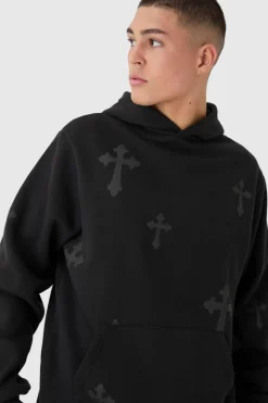 Online boohooMAN Cross Graphic Hoodie black