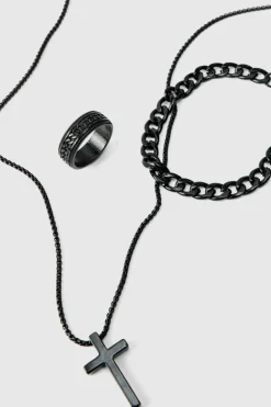 Best boohooMAN Cross Necklace, Ring And Bracelet Set In black