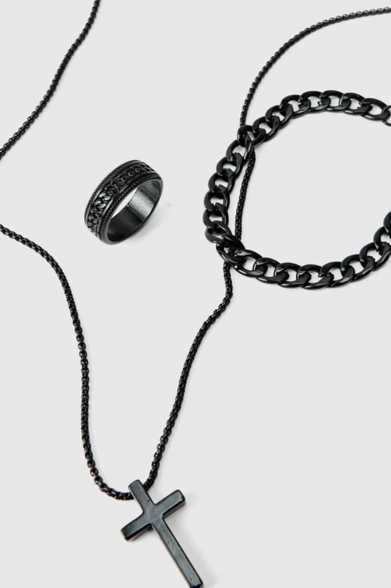 Best boohooMAN Cross Necklace, Ring And Bracelet Set In black