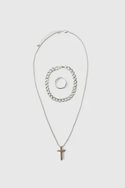 New boohooMAN Cross Necklace, Ring And Bracelet Set In silver