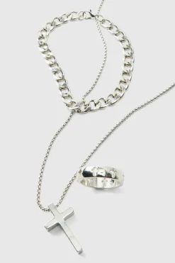 New boohooMAN Cross Necklace, Ring And Bracelet Set In silver