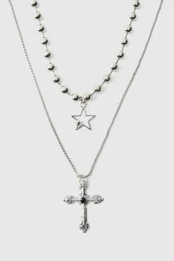 Shop boohooMAN Cross Pendant Double Layered Necklace In silver