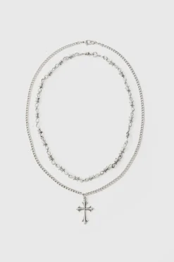 Shop boohooMAN Cross Pendant Necklace silver