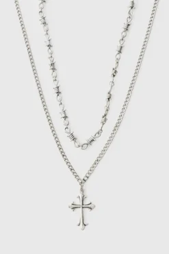 Shop boohooMAN Cross Pendant Necklace silver