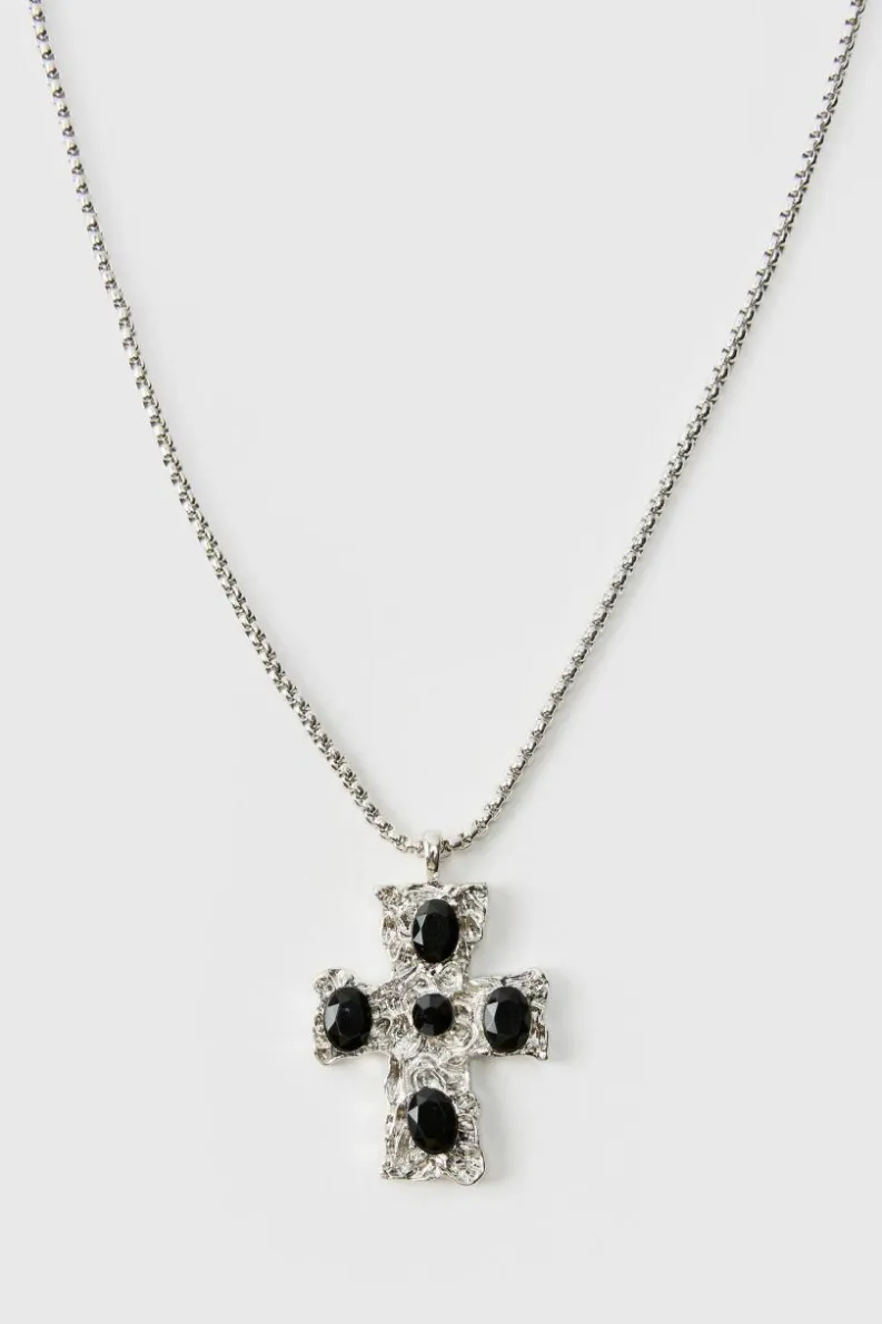 Shop boohooMAN Cross Pendant Necklace In black