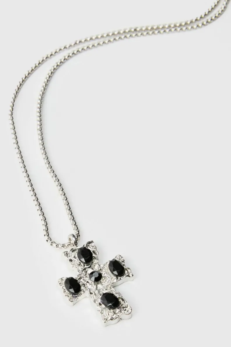 Shop boohooMAN Cross Pendant Necklace In black