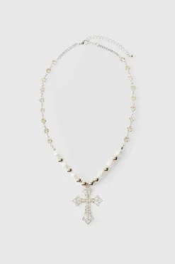 Cheap boohooMAN Cross Pendant Pearl And Metal Bead Necklace silver