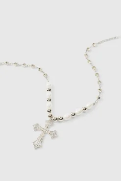 Cheap boohooMAN Cross Pendant Pearl And Metal Bead Necklace silver