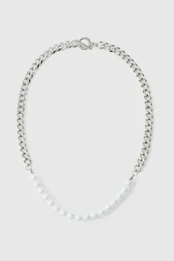 Fashion boohooMAN Cuban Link Pearl Chain silver
