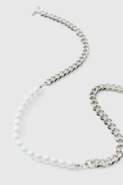 Fashion boohooMAN Cuban Link Pearl Chain silver