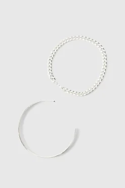 Shop boohooMAN Cuff And Chain Bracelet silver