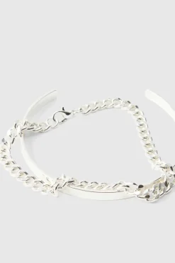 Shop boohooMAN Cuff And Chain Bracelet silver