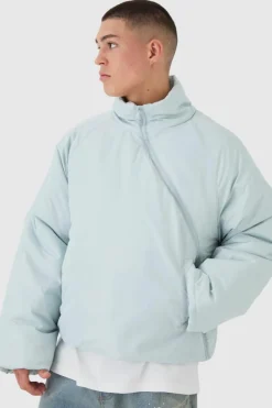 Hot boohooMAN Curved Zip Padded Puffer Coat In Blue light blue