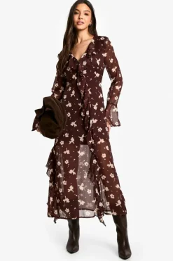 Online boohoo Dark Floral Ruffle Midaxi Dress brown