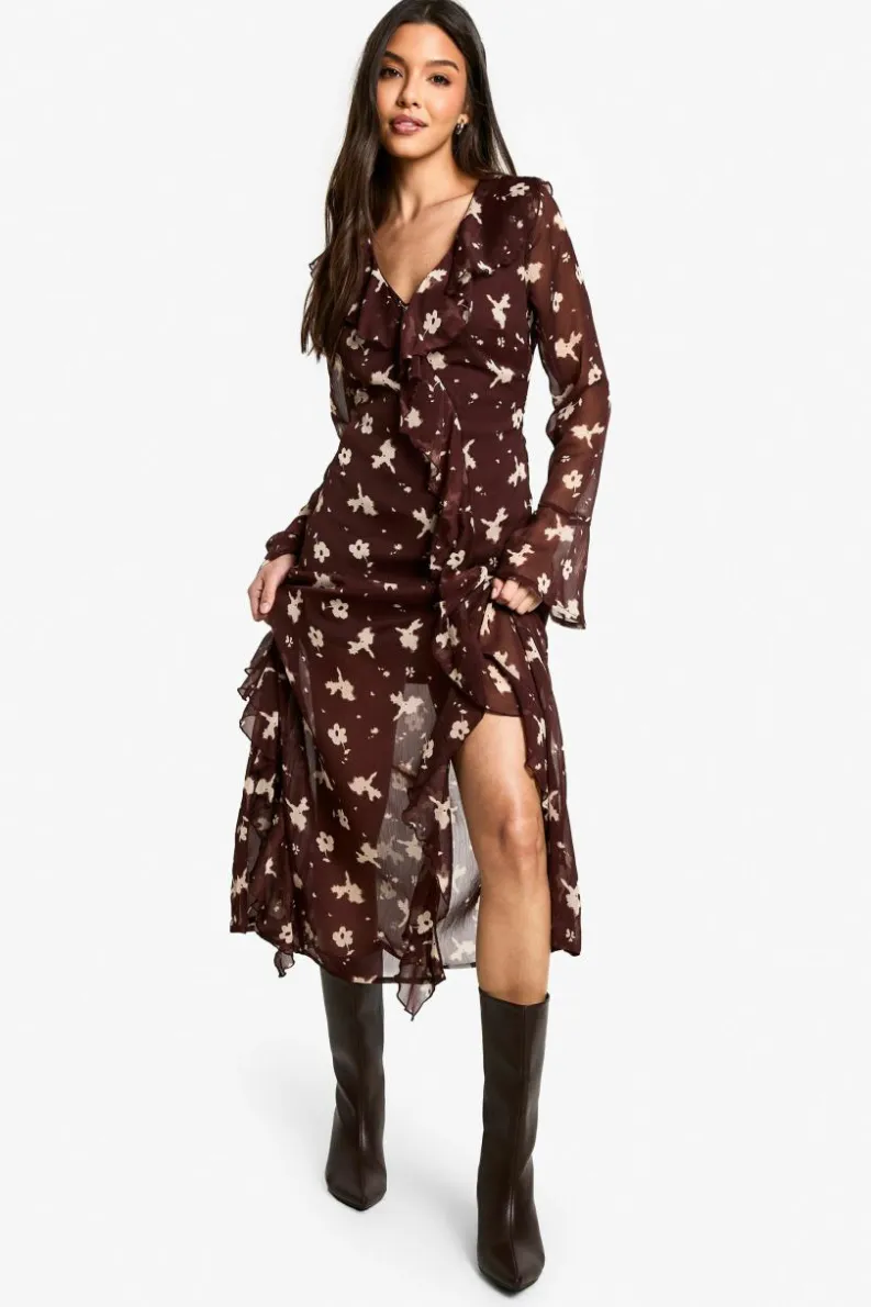 Online boohoo Dark Floral Ruffle Midaxi Dress brown