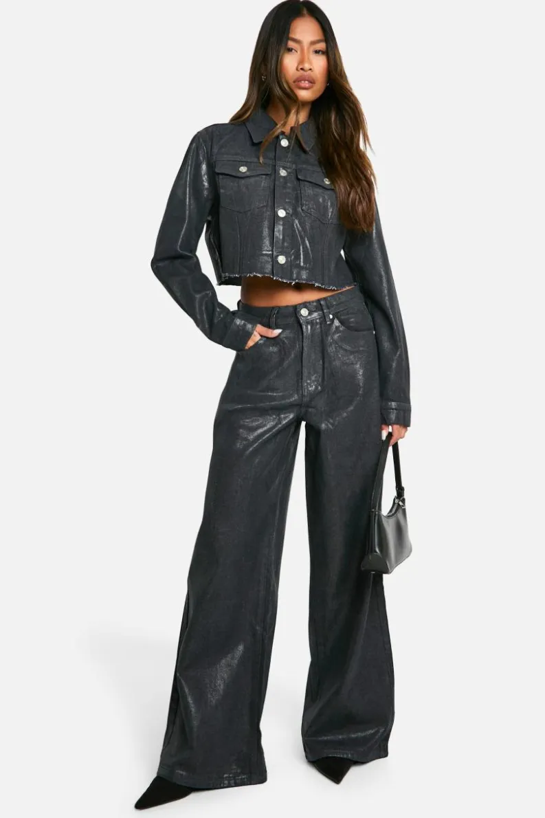 Clearance boohoo Coated Denim Shirt & Mini Skirt Co-Ord dark indigo
