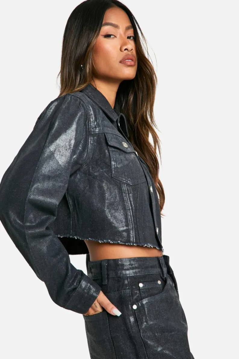 Clearance boohoo Coated Denim Shirt & Mini Skirt Co-Ord dark indigo