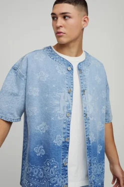 Flash Sale boohooMAN Denim Bandana Laser Print Baseball Shirt light blue