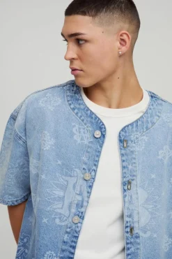 Flash Sale boohooMAN Denim Bandana Laser Print Baseball Shirt light blue