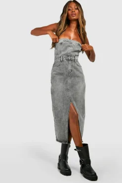 Shop boohoo Denim Bandeau Split Front Midi Dress grey