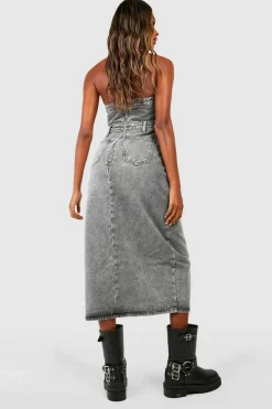 Shop boohoo Denim Bandeau Split Front Midi Dress grey