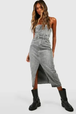 Shop boohoo Denim Bandeau Split Front Midi Dress grey