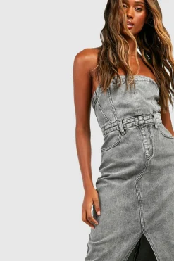 Shop boohoo Denim Bandeau Split Front Midi Dress grey