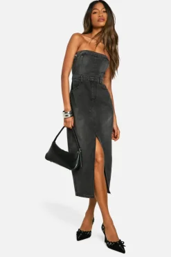 Online boohoo Denim Bandeau Split Front Midi Dress washed black
