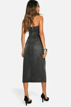 Online boohoo Denim Bandeau Split Front Midi Dress washed black