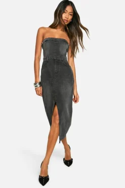 Online boohoo Denim Bandeau Split Front Midi Dress washed black