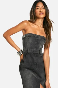 Online boohoo Denim Bandeau Split Front Midi Dress washed black