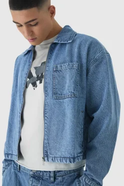 Shop boohooMAN Denim Harrington Jacket light wash