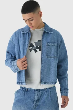 Shop boohooMAN Denim Harrington Jacket light wash