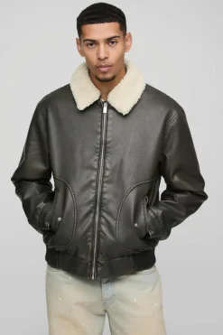 Cheap boohooMAN Detachable Borg Collar Aviator Bomber Jacket brown