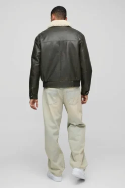Cheap boohooMAN Detachable Borg Collar Aviator Bomber Jacket brown