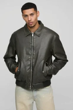 Cheap boohooMAN Detachable Borg Collar Aviator Bomber Jacket brown