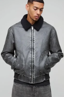 Store boohooMAN Detachable Borg Collar Aviator Bomber Jacket black