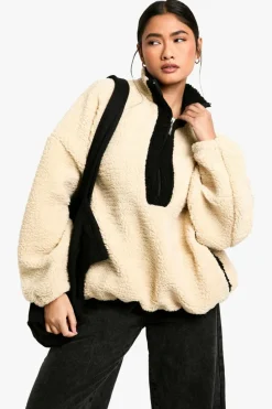 Shop boohoo Detail Half Zip Oversized Borg Sweatshirt stone