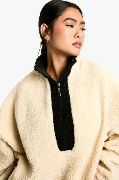 Shop boohoo Detail Half Zip Oversized Borg Sweatshirt stone