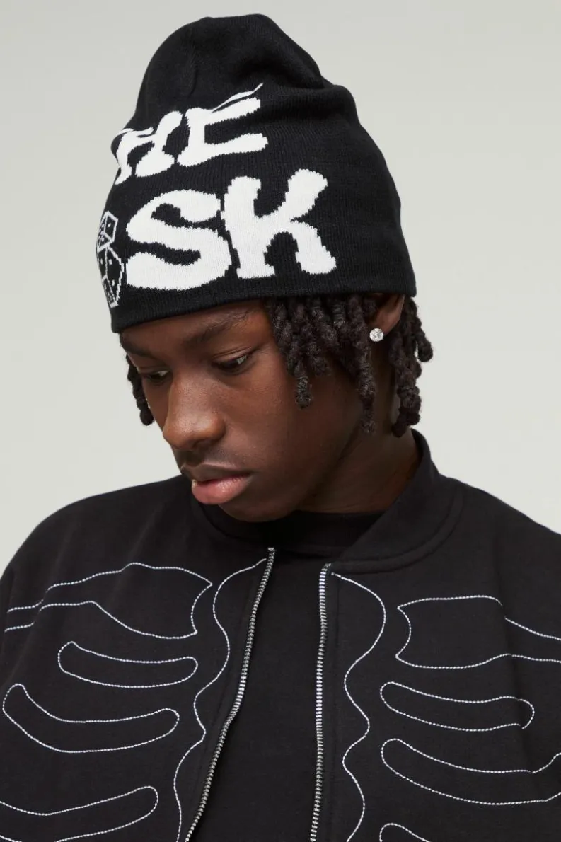 Discount boohooMAN Dice Graphic Beanie In black