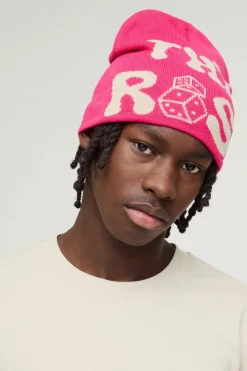 New boohooMAN Dice Graphic Beanie In pink
