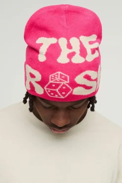 New boohooMAN Dice Graphic Beanie In pink