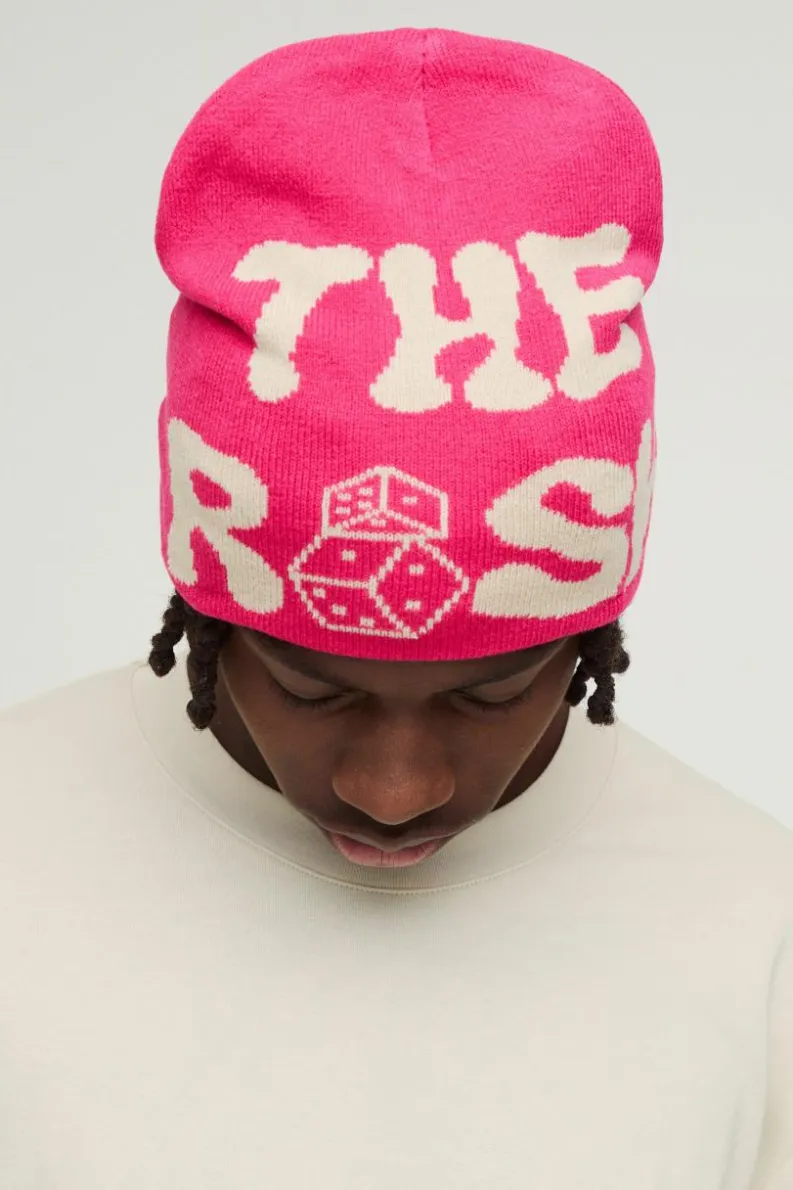 New boohooMAN Dice Graphic Beanie In pink