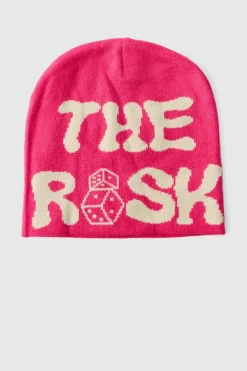 New boohooMAN Dice Graphic Beanie In pink