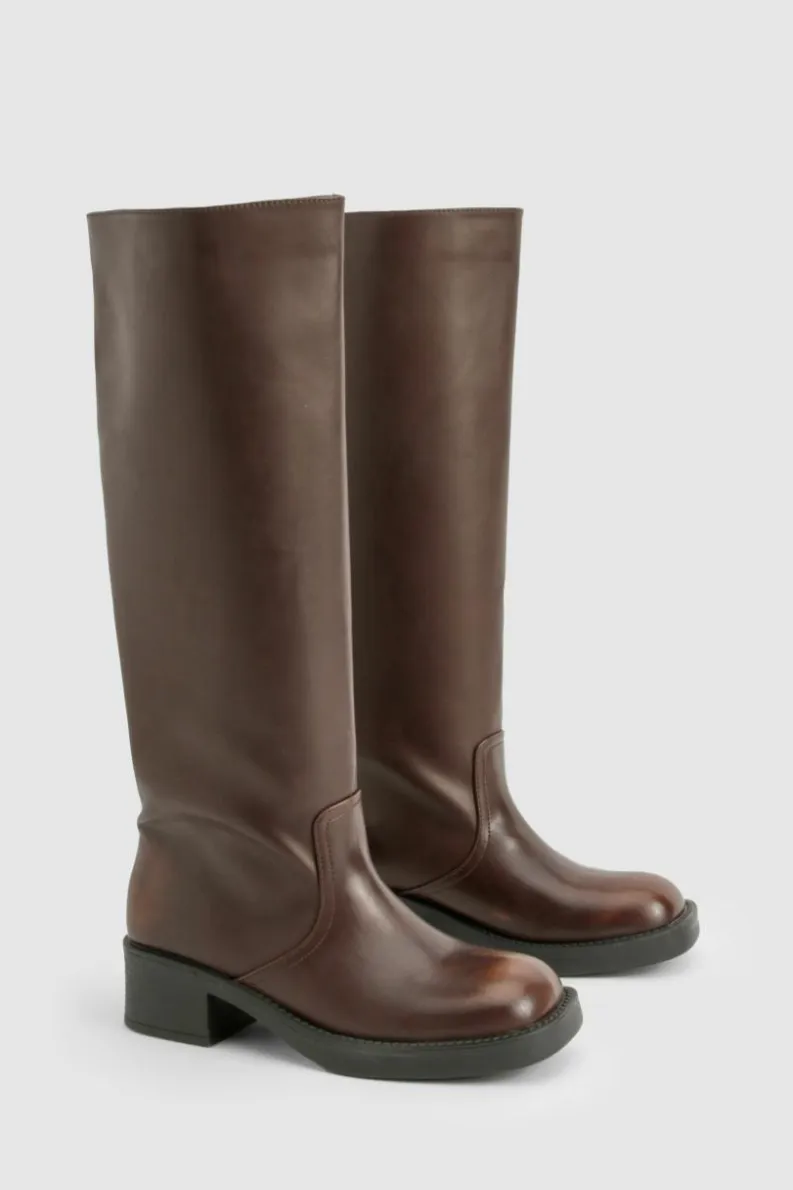 Sale boohoo Distressed Column Knee High Boots brown