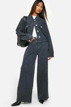 Sale boohoo Distressing Detail Denim Jacket & Wide Leg Jeans Co-Ord grey