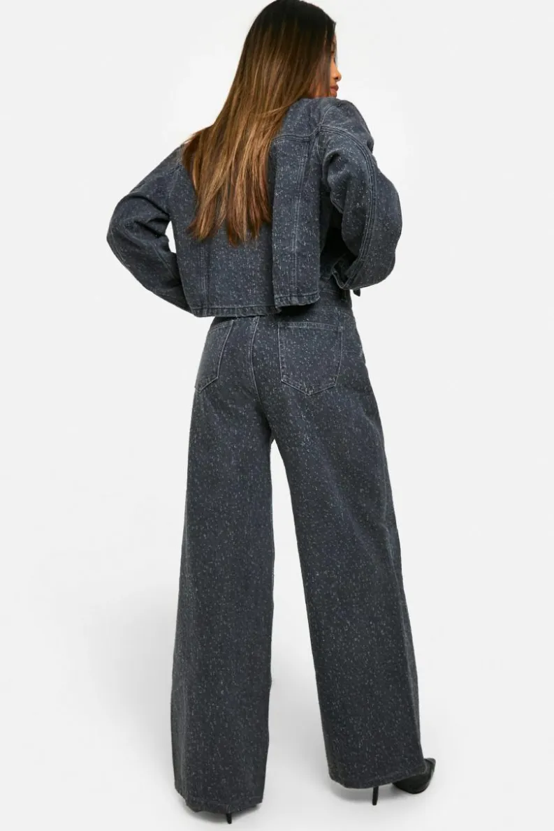 Sale boohoo Distressing Detail Denim Jacket & Wide Leg Jeans Co-Ord grey