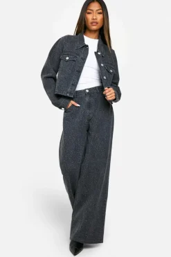Sale boohoo Distressing Detail Denim Jacket & Wide Leg Jeans Co-Ord grey