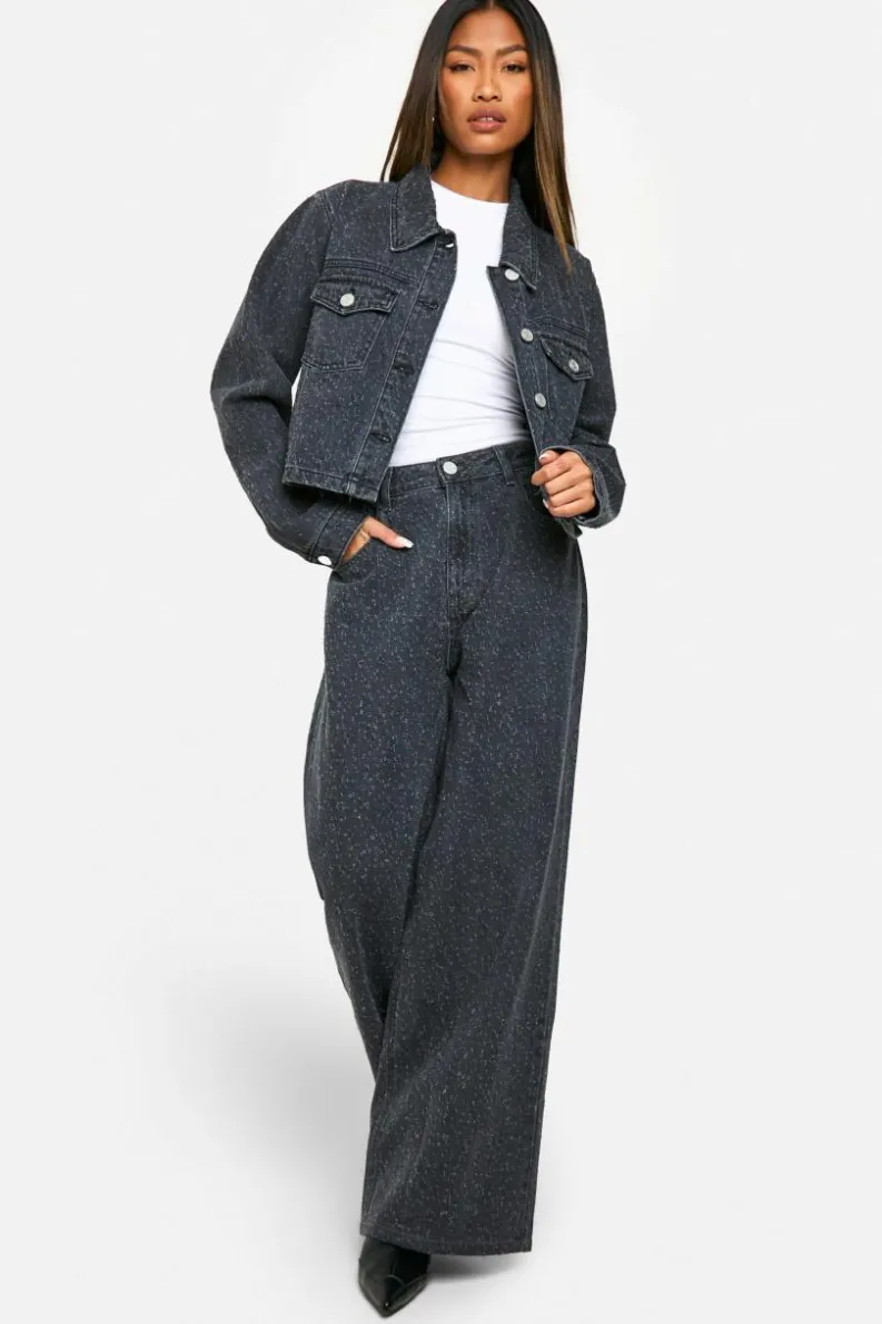 Sale boohoo Distressing Detail Denim Jacket & Wide Leg Jeans Co-Ord grey