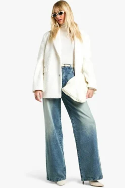 Shop boohoo Double Breast Boucle Wool Blazer ecru